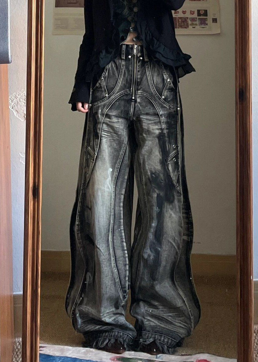 Unique Zip Up Pockets Original Design Neutral Denim Pants Fall – SooLinen