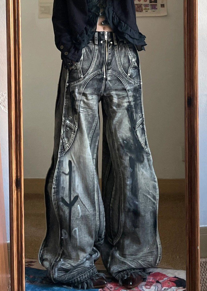 Unique Zip Up Pockets Original Design Neutral Denim Pants Fall – SooLinen