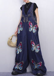 Urban Style Blue Denim Jumpsuit Sparkling Butterfly Patches