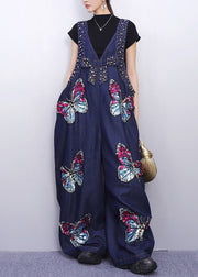 Urban Style Blue Denim Jumpsuit Sparkling Butterfly Patches
