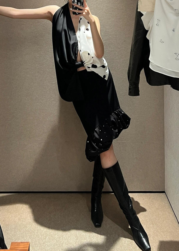 Vacation Bow V Neck Backless Pleated Top And Skirt Set Summer