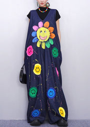Vibrant Smiley Festooned Blue Denim Jumpsuit Fashion Look