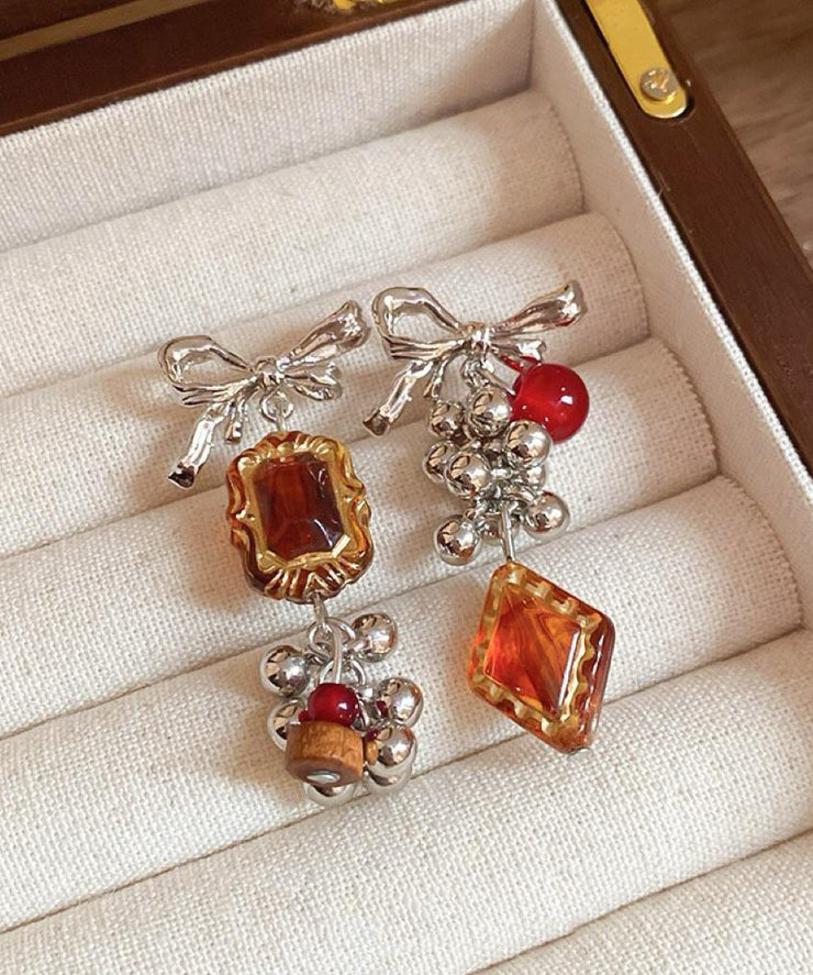 Vintage Acrylic Alloy Asymmetrical Amber Bow Tassel Drop Earrings