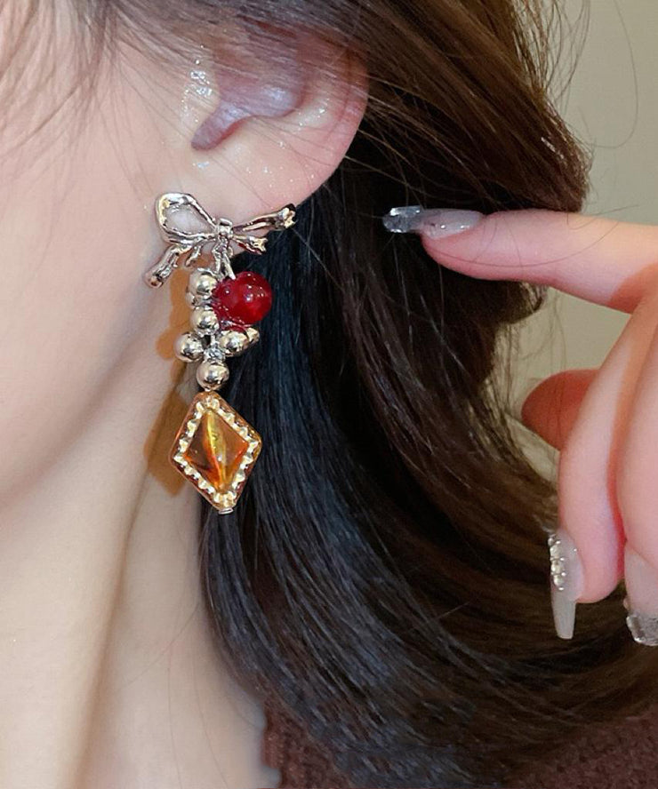Vintage Acrylic Alloy Asymmetrical Amber Bow Tassel Drop Earrings