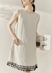 Vintage Apricot O-Neck Embroidered Tassel Mid Dress Summer