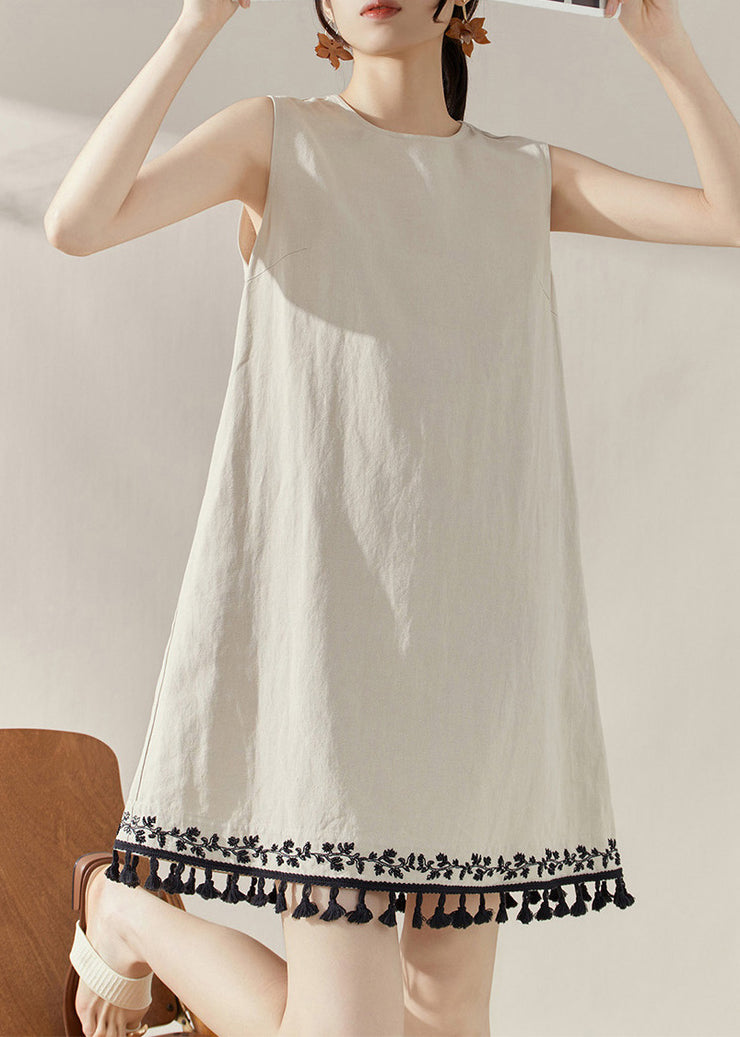 Vintage Apricot O-Neck Embroidered Tassel Mid Dress Summer