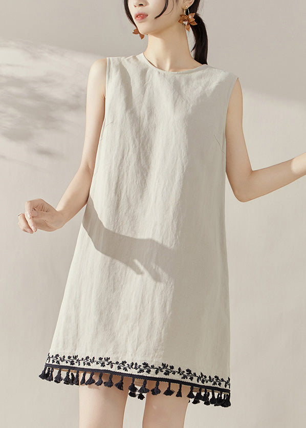 Vintage Apricot O-Neck Embroidered Tassel Mid Dress Summer