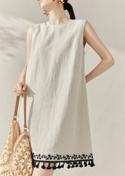 Vintage Apricot O-Neck Embroidered Tassel Mid Dress Summer
