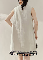 Vintage Apricot O-Neck Embroidered Tassel Mid Dress Summer