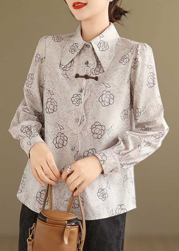 Vintage Apricot Peter Pan Collar Print Cotton Shirt Tops Spring