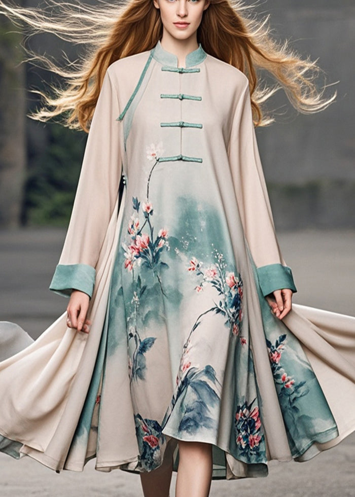 Vintage Apricot Print Chinese Button Chiffon Dress Spring