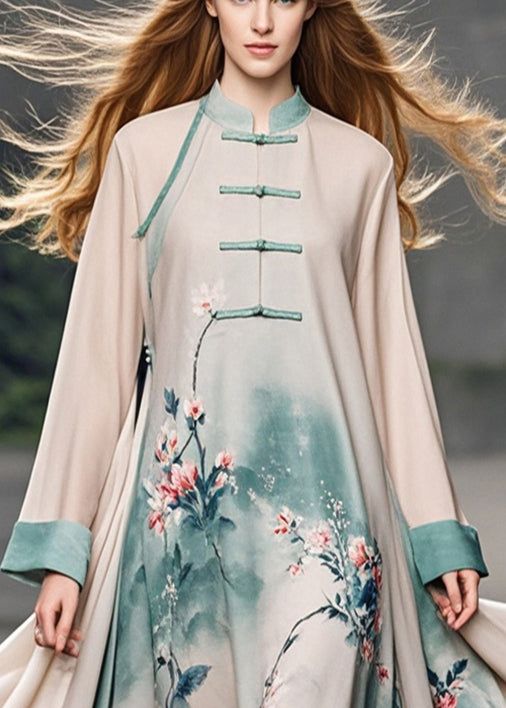 Vintage Apricot Print Chinese Button Chiffon Dress Spring