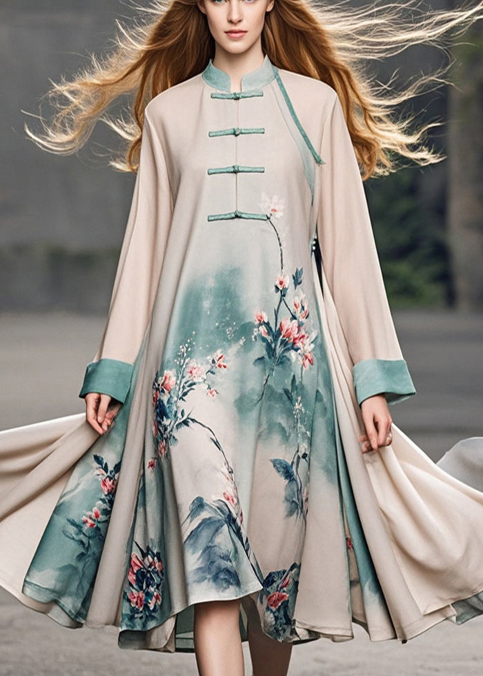 Vintage Apricot Print Chinese Button Chiffon Dress Spring