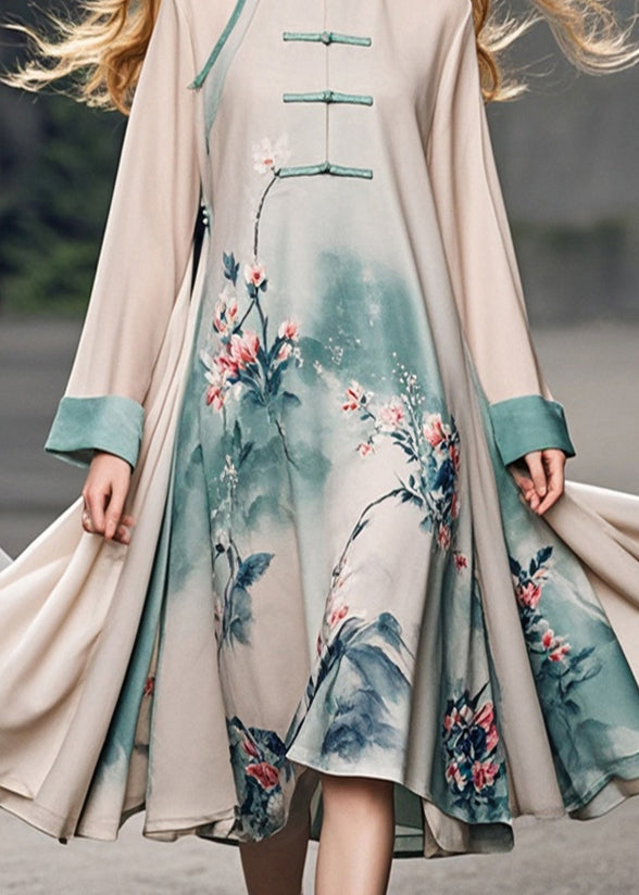 Vintage Apricot Print Chinese Button Chiffon Dress Spring