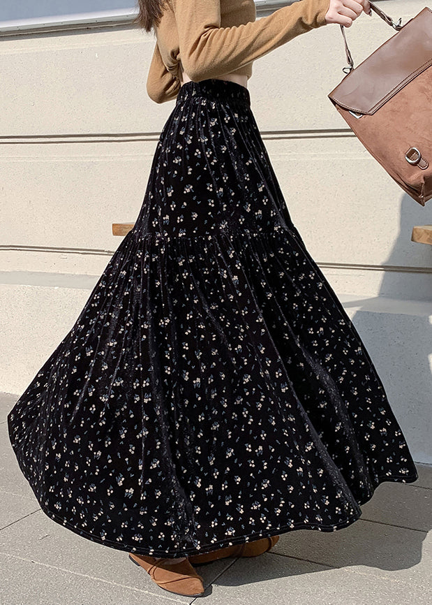 Vintage Apricot Print Wrinkled High Waist Velvet Skirts