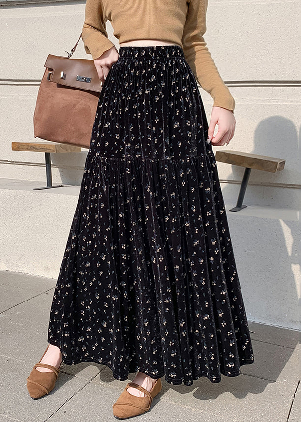 Vintage Apricot Print Wrinkled High Waist Velvet Skirts