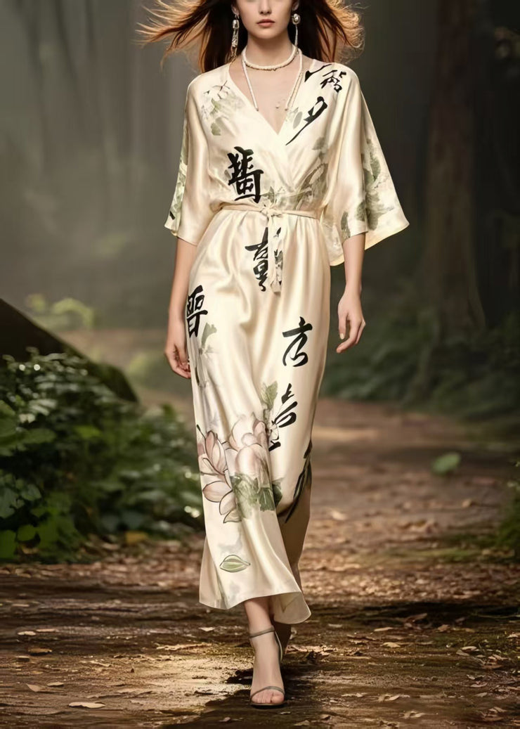 Vintage Apricot V Neck Print Draping Silk Long Dress Summer