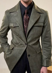 Vintage Army Green Button Pockets Faux Suede Men Coat Fall