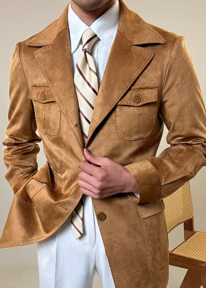 Vintage Army Green Button Pockets Faux Suede Men Coat Fall