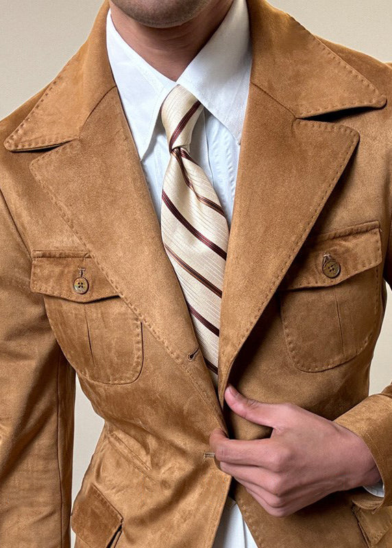 Vintage Army Green Button Pockets Faux Suede Men Coat Fall