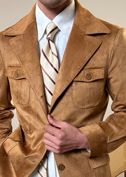 Vintage Army Green Button Pockets Faux Suede Men Coat Fall