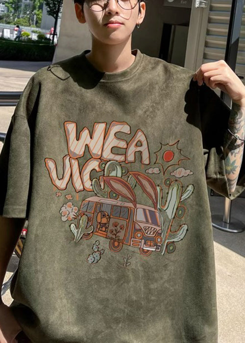 Vintage Army Green O Neck Print Faux Suede Men T Shirt Half Sleeve