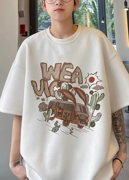Vintage Army Green O Neck Print Faux Suede Men T Shirt Half Sleeve