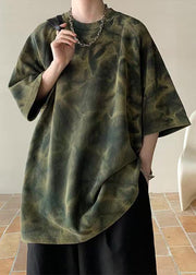 Vintage Army Green O-Neck Tie Dye Cotton Mens T Shirt Half Sleeve