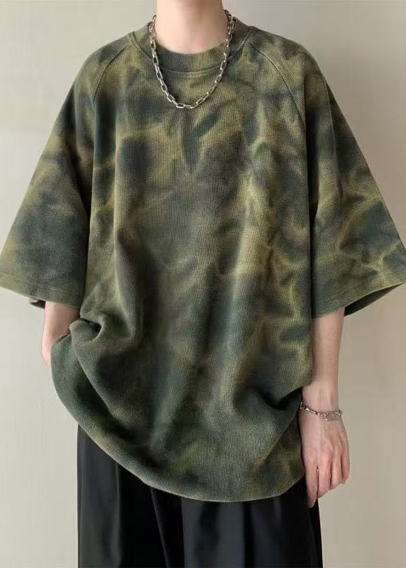 Vintage Army Green O-Neck Tie Dye Cotton Mens T Shirt Half Sleeve