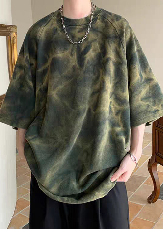 Vintage Army Green O-Neck Tie Dye Cotton Mens T Shirt Half Sleeve
