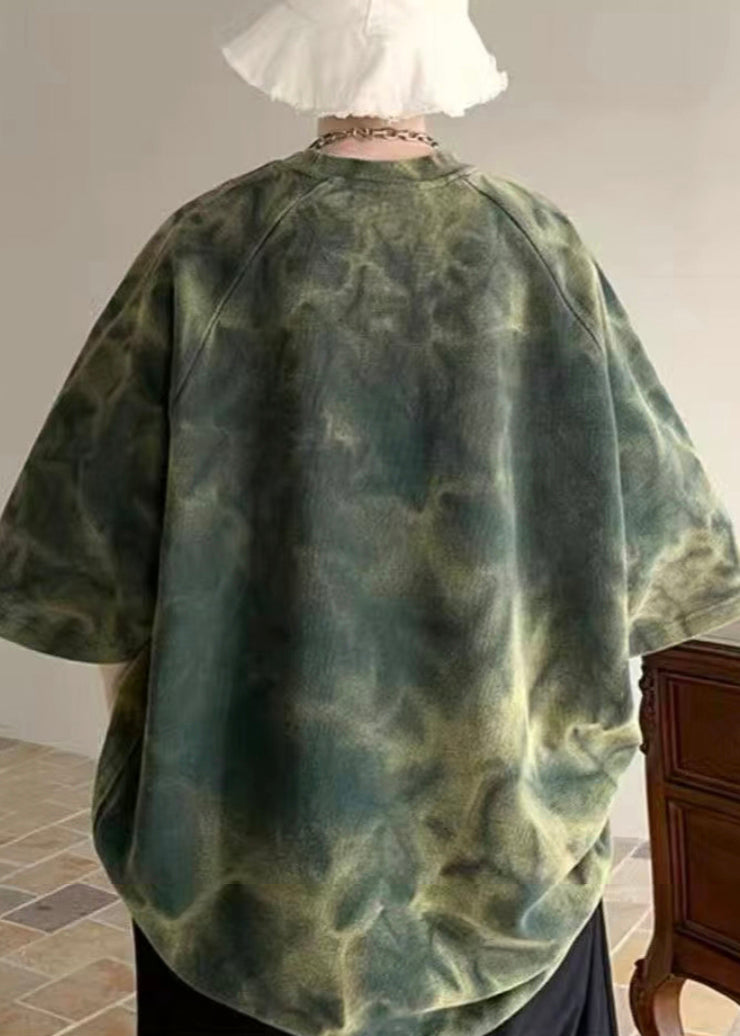 Vintage Army Green O-Neck Tie Dye Cotton Mens T Shirt Half Sleeve