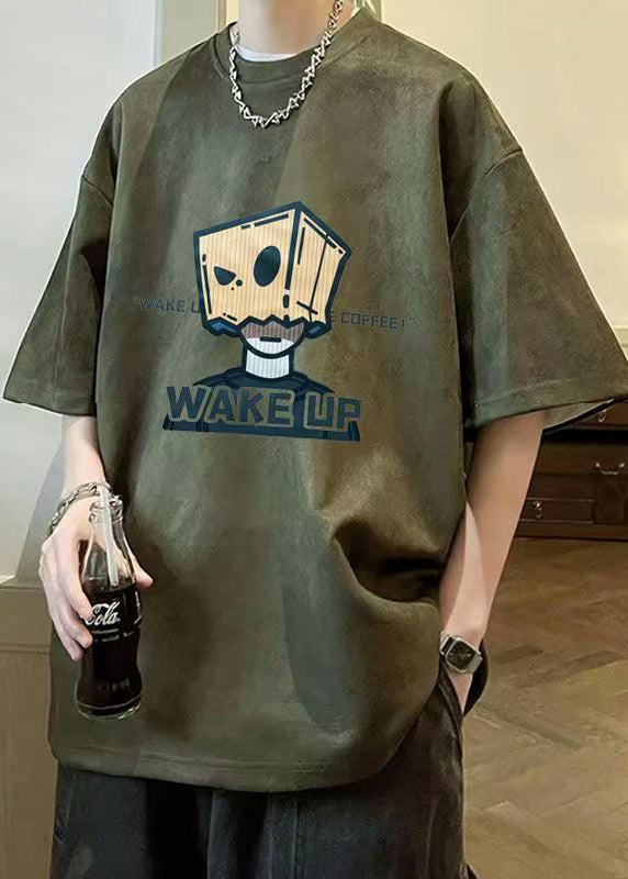 Vintage Army Green Print Solid Faux Suede Mens T Shirt Summer