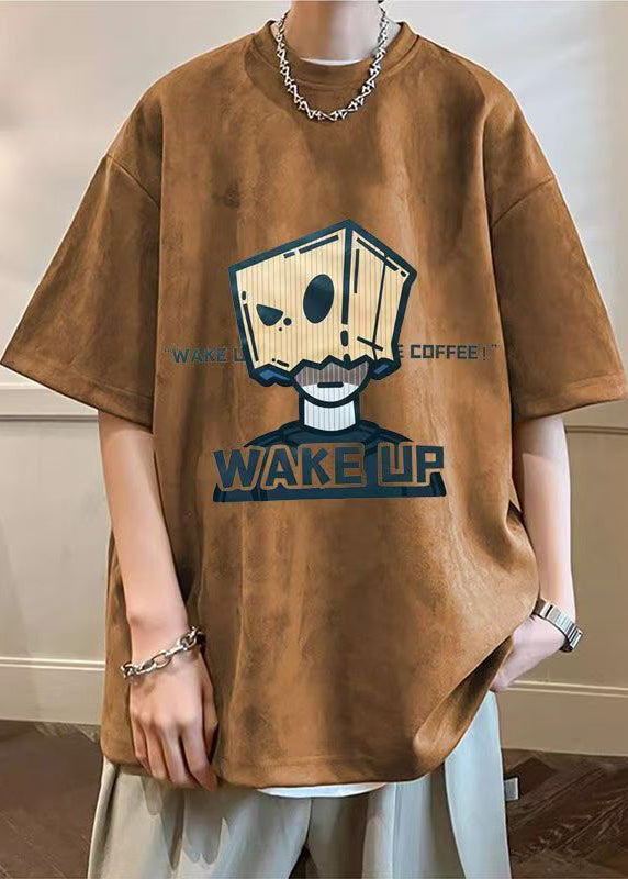 Vintage Army Green Print Solid Faux Suede Mens T Shirt Summer