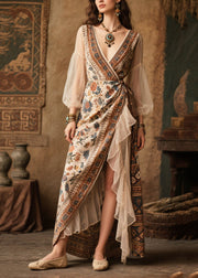 Vintage Beige Asymmetrical Patchwork Chiffon Tunic Dresses Summer