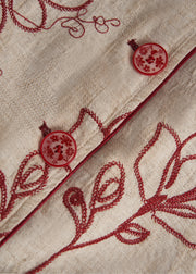 Vintage Beige Embroidered Pockets Linen Coats Fall