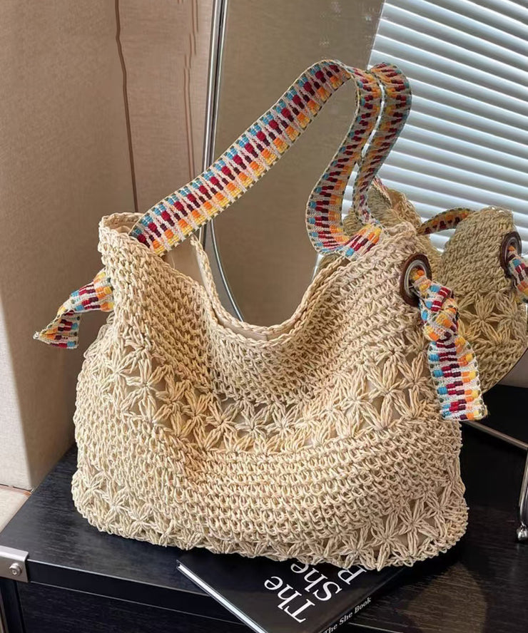 Vintage Beige Hollow Out Knit Holiday Shoulder Bags