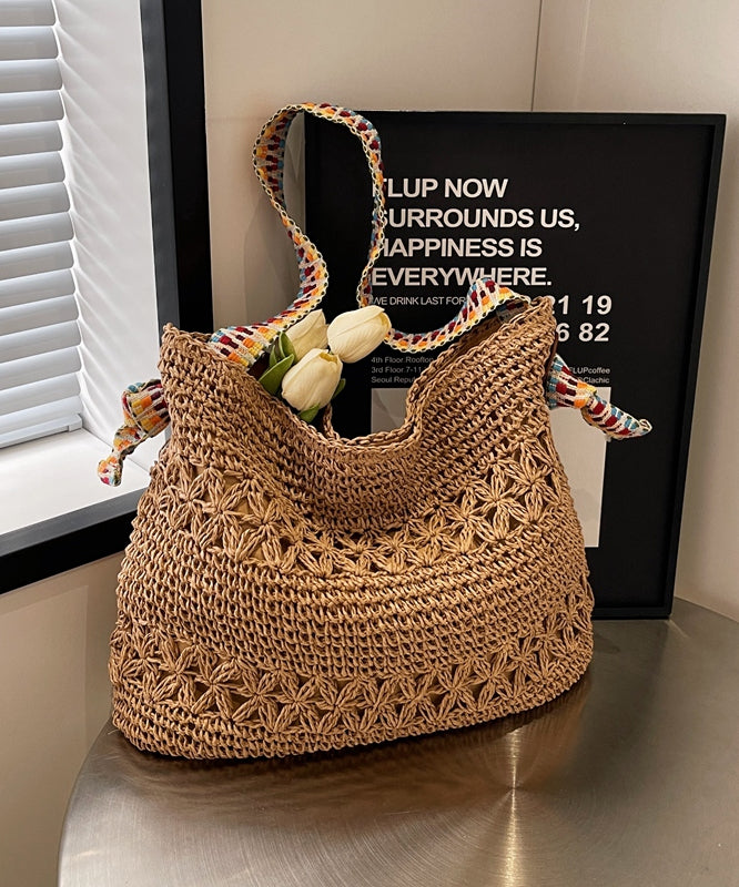 Vintage Beige Hollow Out Knit Holiday Shoulder Bags