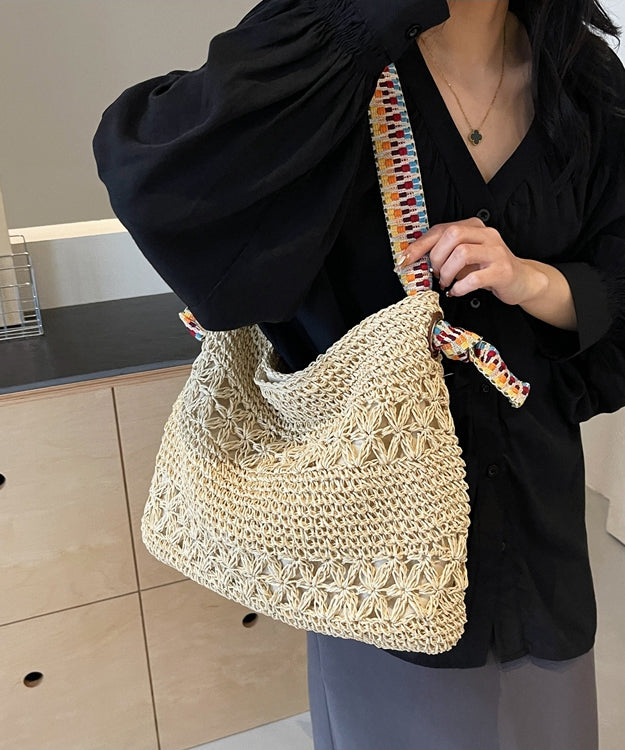 Vintage Beige Hollow Out Knit Holiday Shoulder Bags