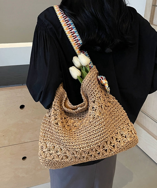 Vintage Beige Hollow Out Knit Holiday Shoulder Bags
