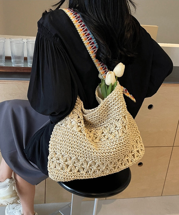Vintage Beige Hollow Out Knit Holiday Shoulder Bags