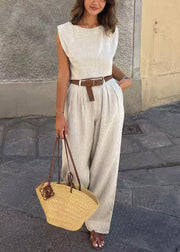 Vintage Beige Linen Vests And Wide Leg Pants Two-Piece Set Sleeveless