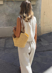 Vintage Beige Linen Vests And Wide Leg Pants Two-Piece Set Sleeveless