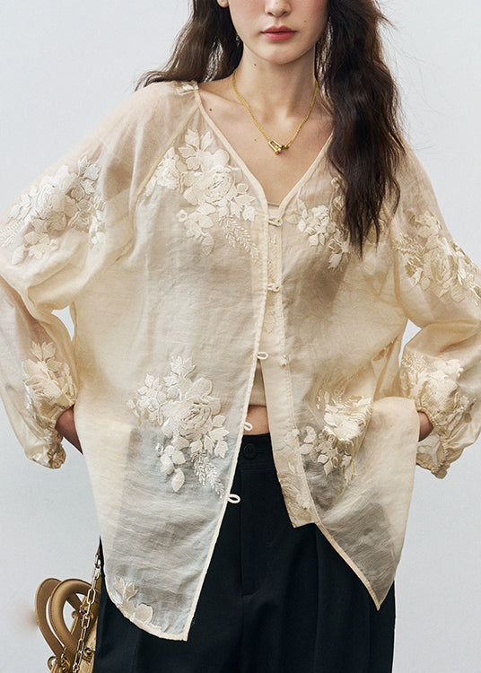 Vintage Beige V Neck Embroidered Silk Blouse Tops Fall
