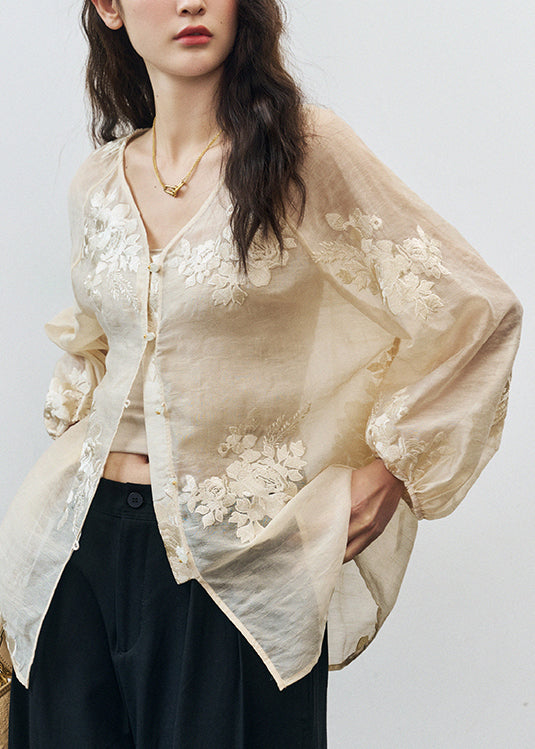 Vintage Beige V Neck Embroidered Silk Blouse Tops Fall