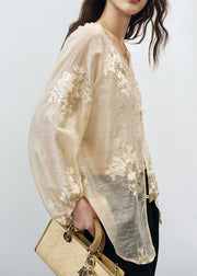 Vintage Beige V Neck Embroidered Silk Blouse Tops Fall