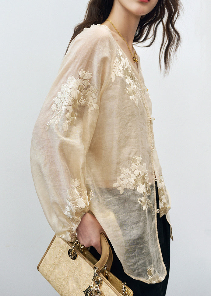 Vintage Beige V Neck Embroidered Silk Blouse Tops Fall
