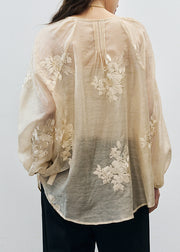 Vintage Beige V Neck Embroidered Silk Blouse Tops Fall