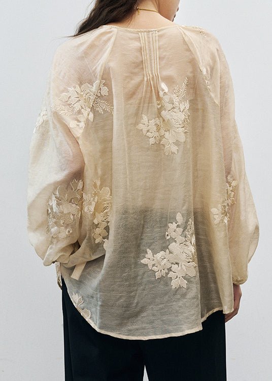 Vintage Beige V Neck Embroidered Silk Blouse Tops Fall