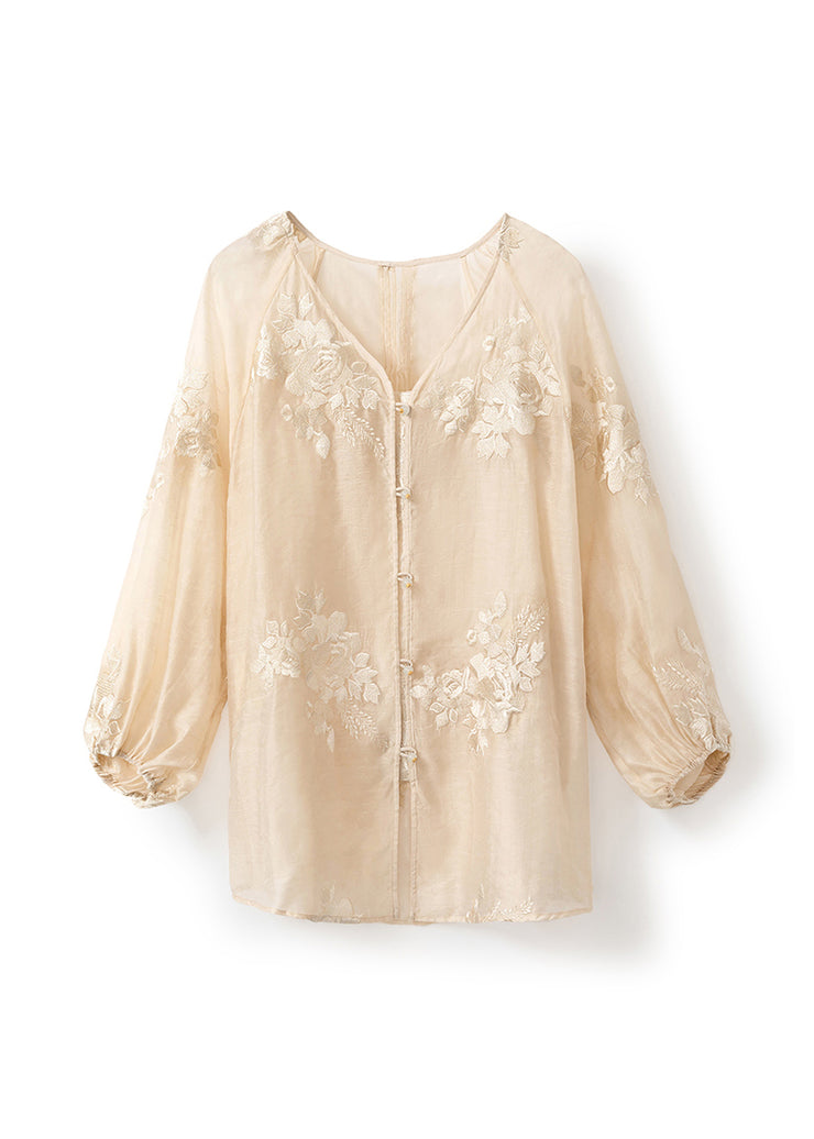 Vintage Beige V Neck Embroidered Silk Blouse Tops Fall