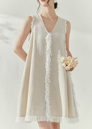 Vintage Beige V Neck Tassel Vacation Mid Dresses Sleeveless